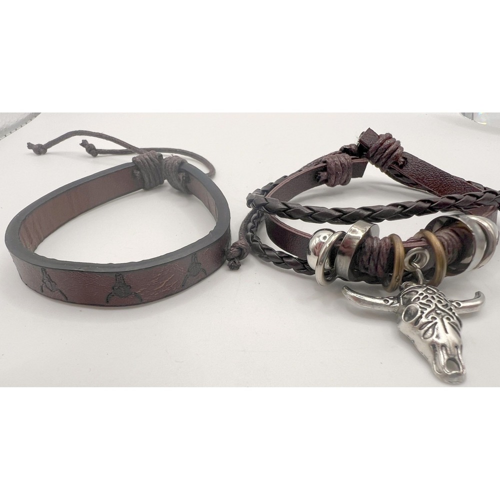 Leather Bracelet Set 0f 2 Bull Skull Charm Adjustable Western Biker 2pc‎